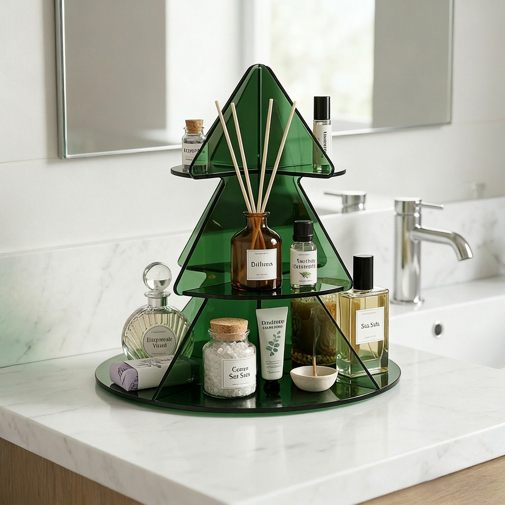 Blind box Rotating Christmas Tree 3-Tier Acrylic Cosmetic Organizer Perfume Skincare Display Stand 360° Swivel Vanity Countertop Storage Rack Green/White