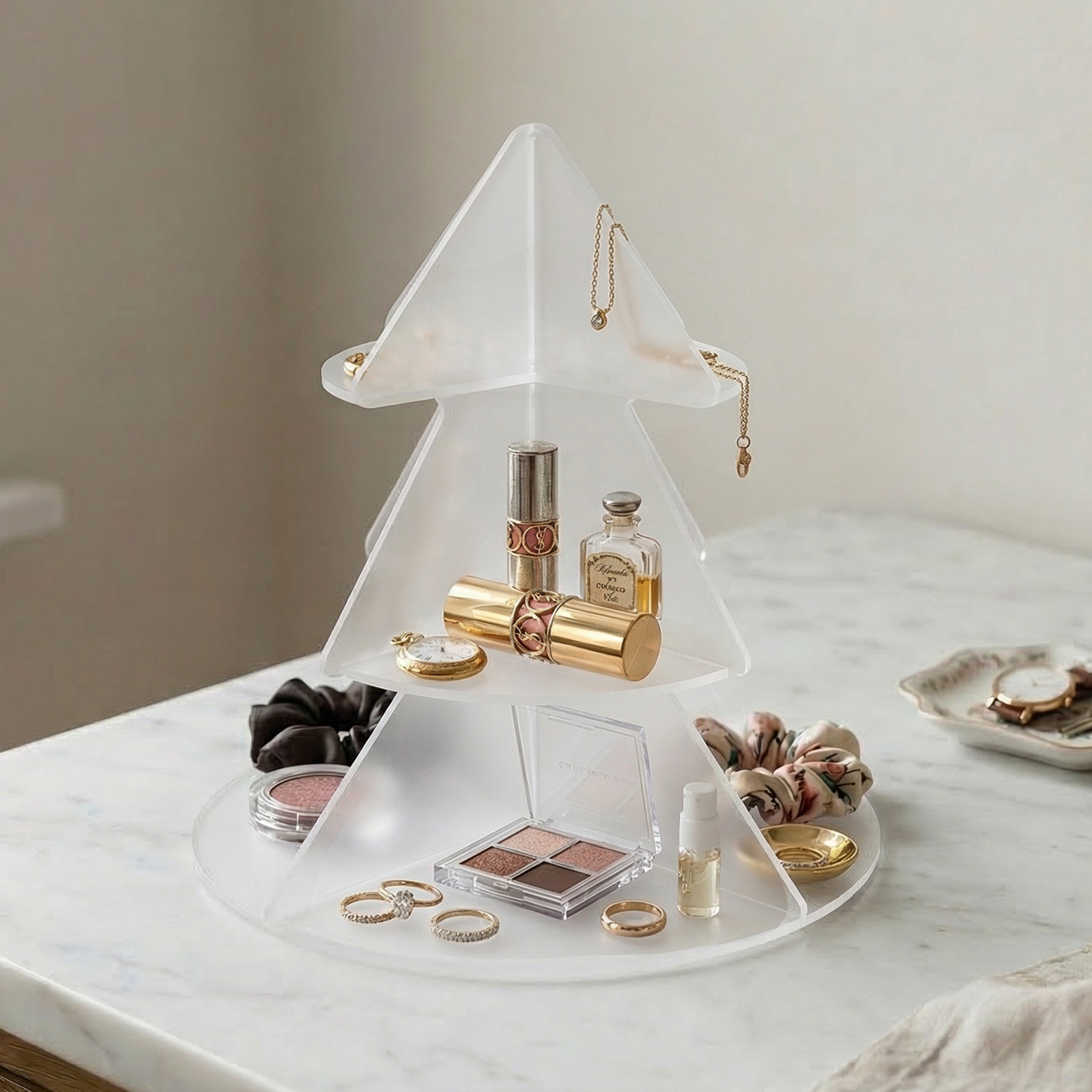 Blind box Rotating Christmas Tree 3-Tier Acrylic Cosmetic Organizer Perfume Skincare Display Stand 360° Swivel Vanity Countertop Storage Rack Green/White
