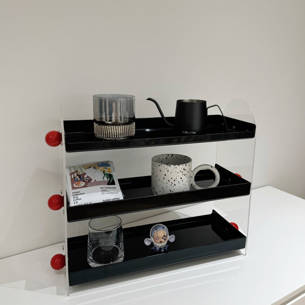 JAFFA 3-Tier Acrylic Perfume Organizer | Black Shelves with Red Accents | Luxury Vanity Fragrance & Decor Display Rack