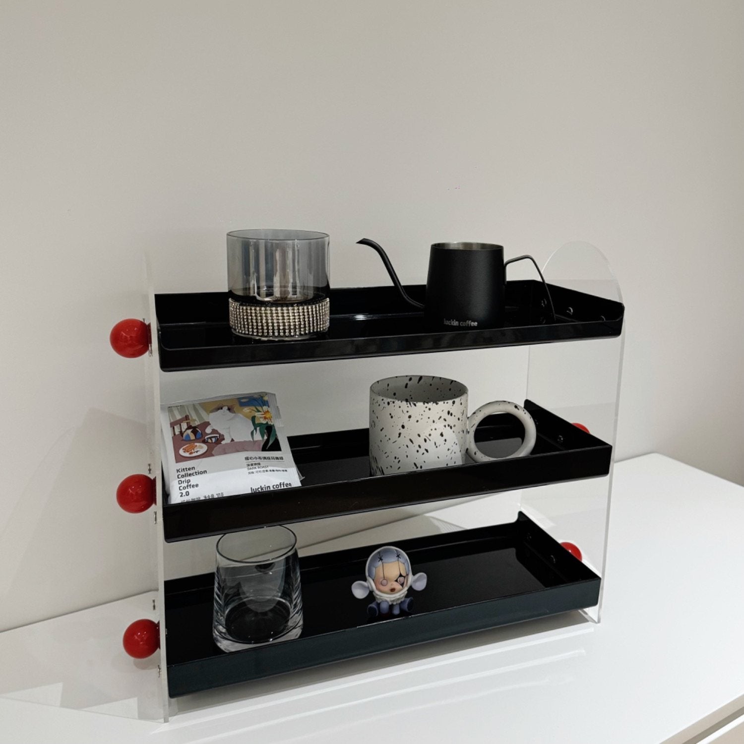 JAFFA 3-Tier Acrylic Perfume Organizer | Black Shelves with Red Accents | Luxury Vanity Fragrance & Decor Display Rack