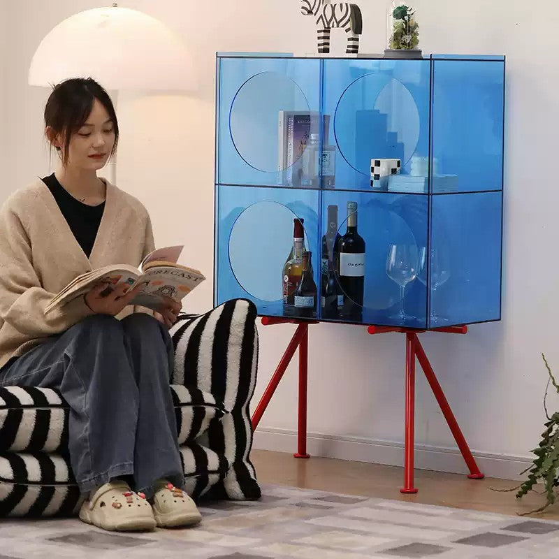 jaffa Bold Blue Acrylic Storage Cabinet | Red Tripod Legs Modular Display Shelf | Modern Color-Block Bar & Book Storage Cart
