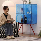 jaffa Bold Blue Acrylic Storage Cabinet | Red Tripod Legs Modular Display Shelf | Modern Color-Block Bar & Book Storage Cart