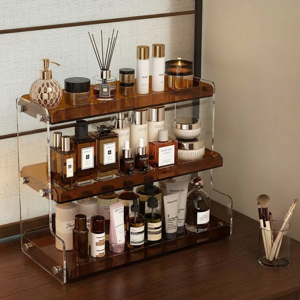 Tea Color 3-Tier Acrylic Display Shelf Light Luxury Organizer for Cosmetics Perfume Cups Jewelry Desktop Vanity Countertop Storage Rack