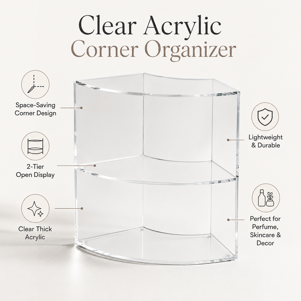 Lithzepara Clear Acrylic 2-Tier Corner Perfume Organizer Stand – Curved Vanity Display Shelf for Fragrance, Skincare & Decor