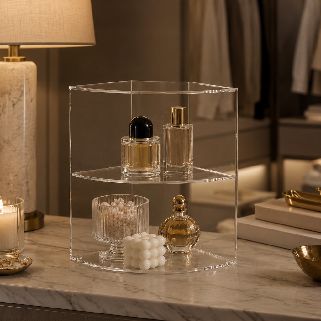 Lithzepara Clear Acrylic 2-Tier Corner Perfume Organizer Stand – Curved Vanity Display Shelf for Fragrance, Skincare & Decor