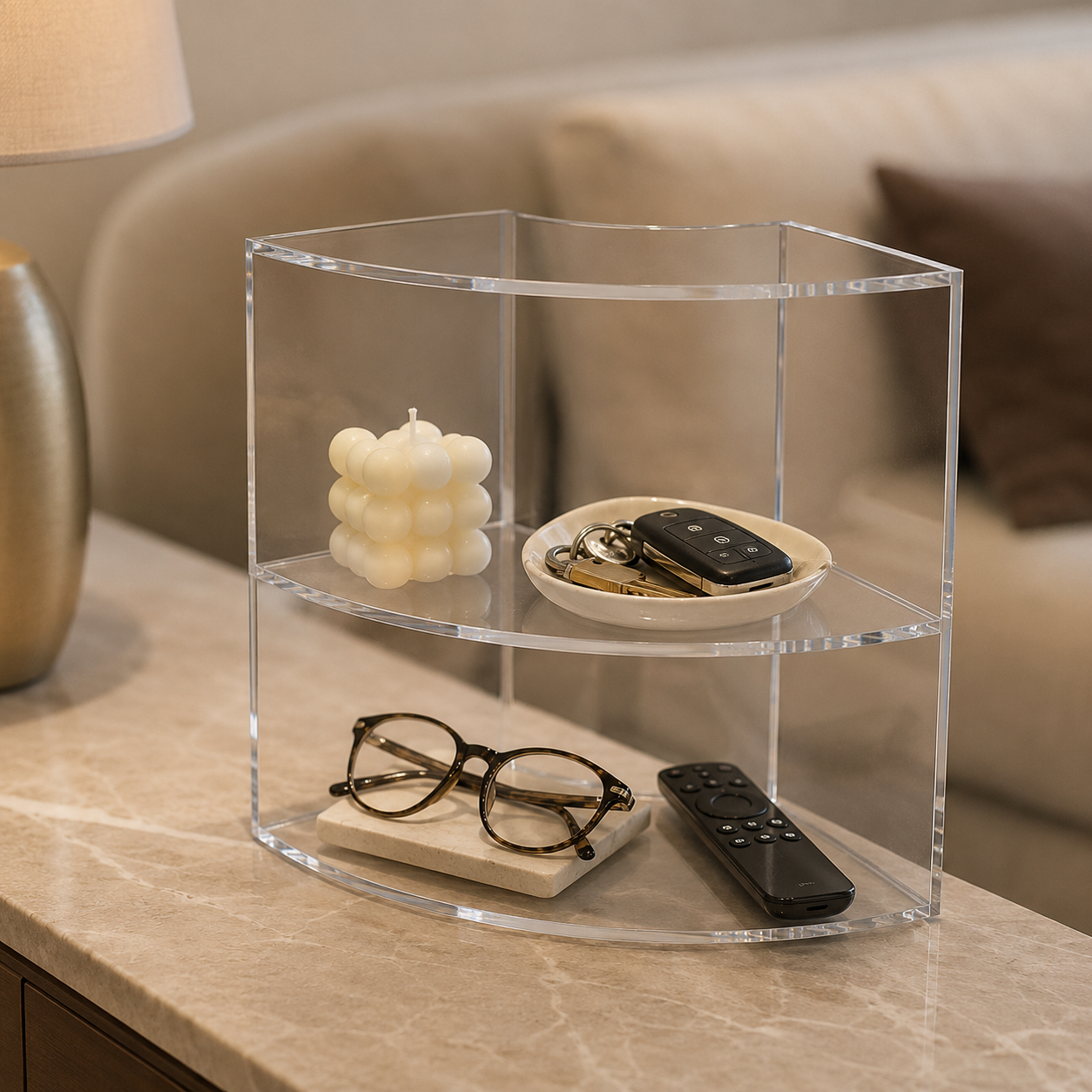 Lithzepara Clear Acrylic 2-Tier Corner Perfume Organizer Stand – Curved Vanity Display Shelf for Fragrance, Skincare & Decor