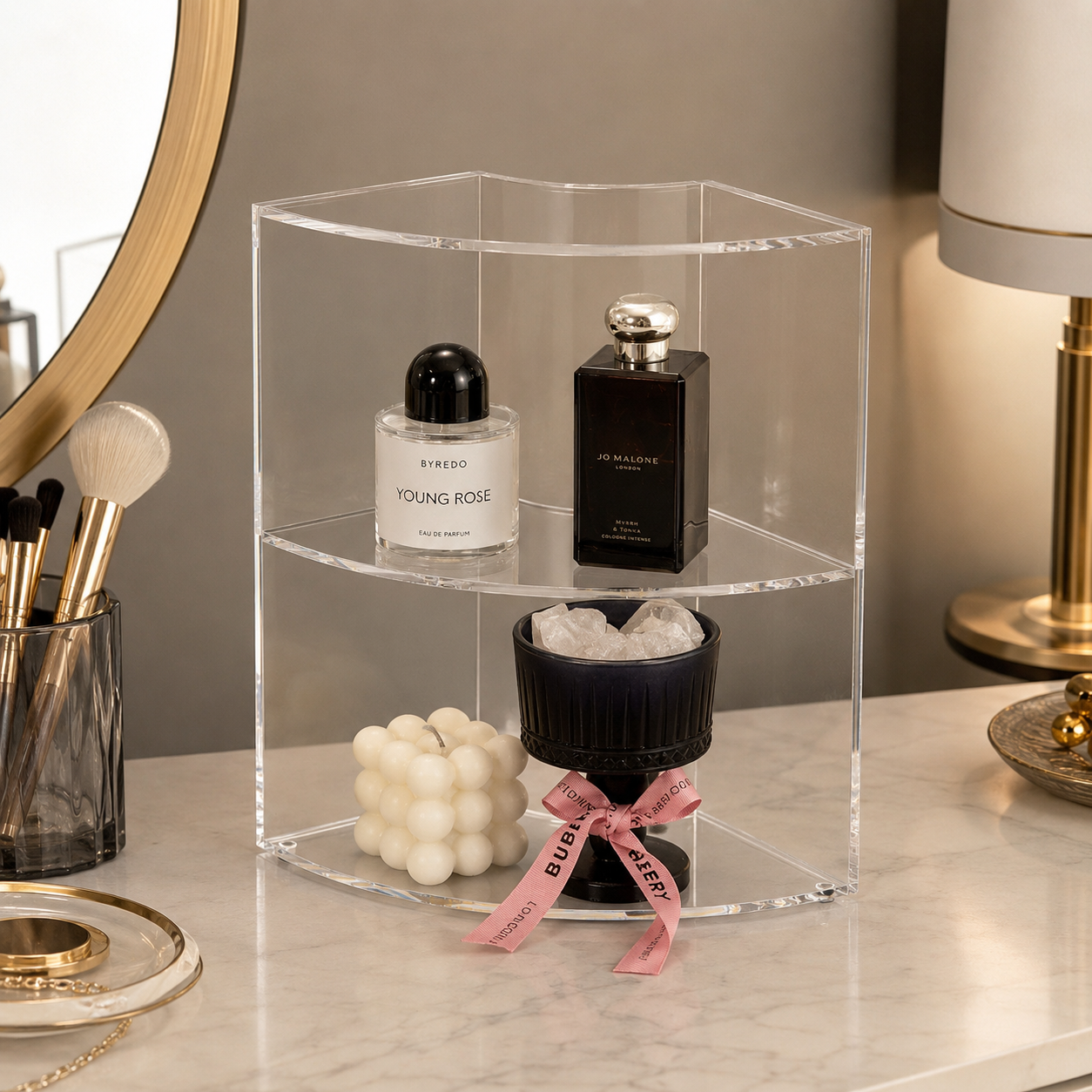 Lithzepara Clear Acrylic 2-Tier Corner Perfume Organizer Stand – Curved Vanity Display Shelf for Fragrance, Skincare & Decor