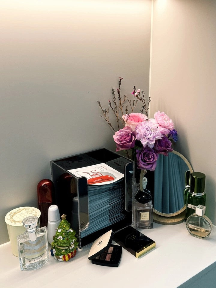 JAFFA Dual-Compartment Acrylic Storage Box | Orange & Black Cosmetic Organizer | Clear Divided Tray for Skincare & Fragrance Samples