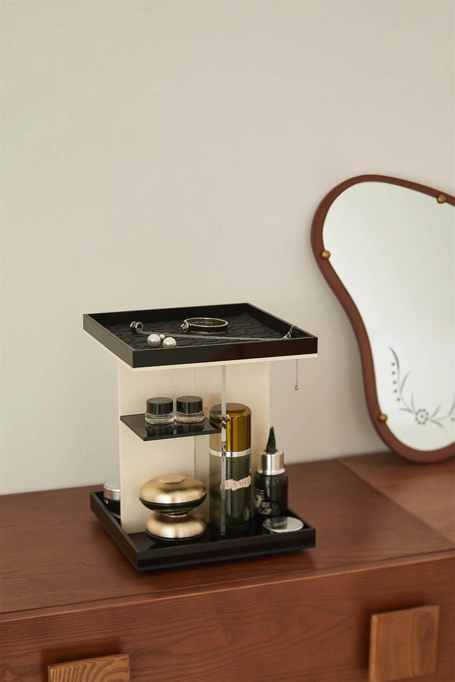 JAFFA 360° Rotating Acrylic Vanity Organizer | Black & White 2-Tier Makeup Storage Rack | Luxury Cosmetic & Jewelry Display Tray