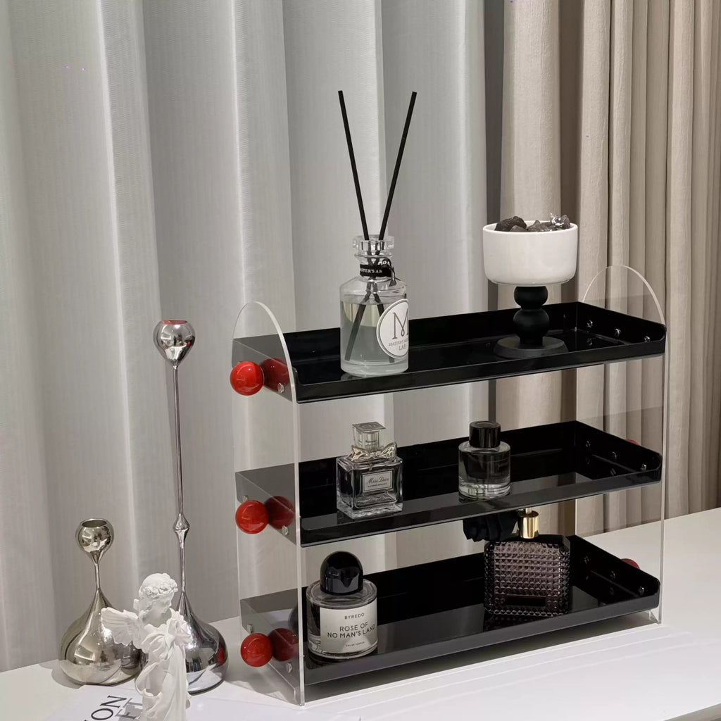 JAFFA 3-Tier Acrylic Perfume Organizer | Black Shelves with Red Accents | Luxury Vanity Fragrance & Decor Display Rack