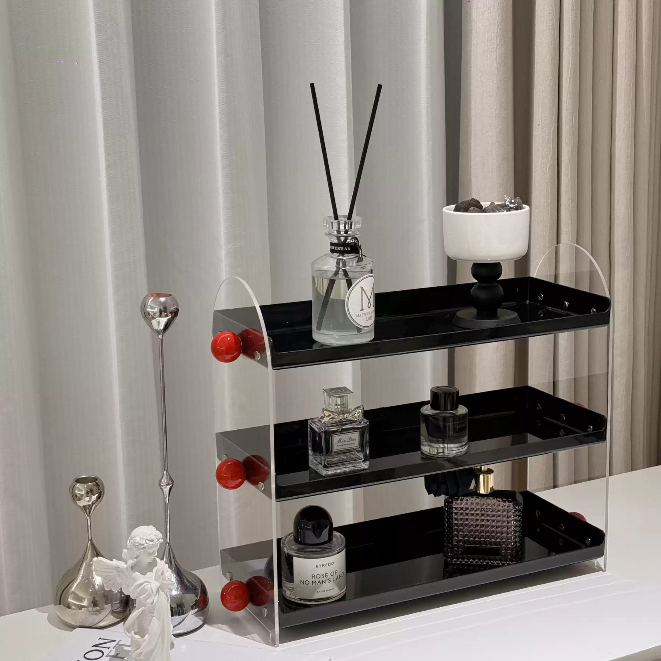 JAFFA 3-Tier Acrylic Perfume Organizer | Black Shelves with Red Accents | Luxury Vanity Fragrance & Decor Display Rack