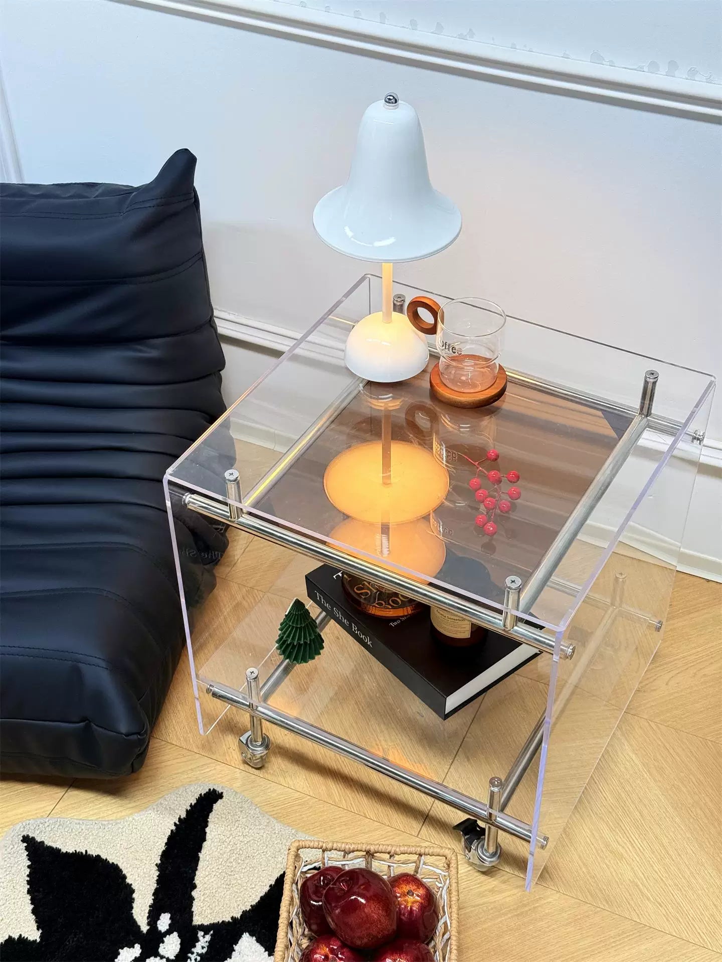 JAFFA Transparent Acrylic Rolling Bar Cart | 2-Tier Marble-Print Mobile Side Table | Modern Clear Storage Cart for Living Room/Bedroom