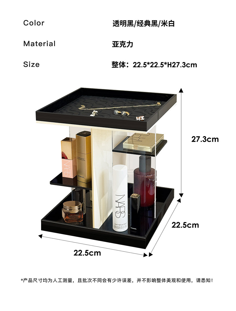 JAFFA 360° Rotating Acrylic Vanity Organizer | Black & White 2-Tier Makeup Storage Rack | Luxury Cosmetic & Jewelry Display Tray