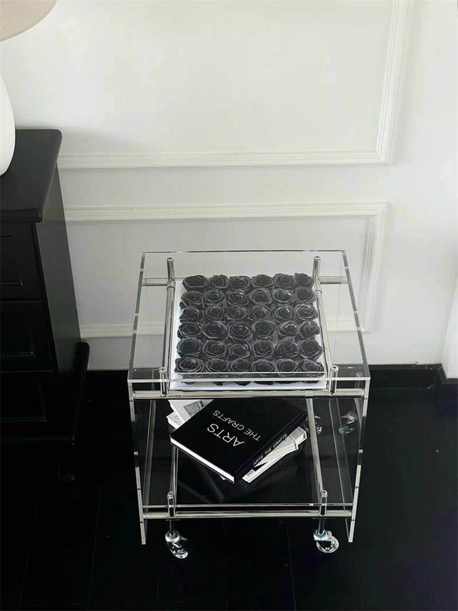 JAFFA Transparent Acrylic Rolling Bar Cart | 2-Tier Marble-Print Mobile Side Table | Modern Clear Storage Cart for Living Room/Bedroom