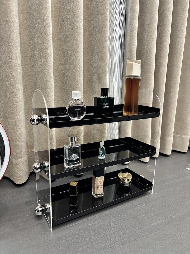 JAFFA 3-Tier Acrylic Perfume Organizer | Black Shelves with Red Accents | Luxury Vanity Fragrance & Decor Display Rack