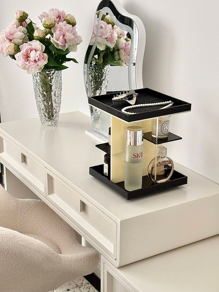 JAFFA 360° Rotating Acrylic Vanity Organizer | Black & White 2-Tier Makeup Storage Rack | Luxury Cosmetic & Jewelry Display Tray