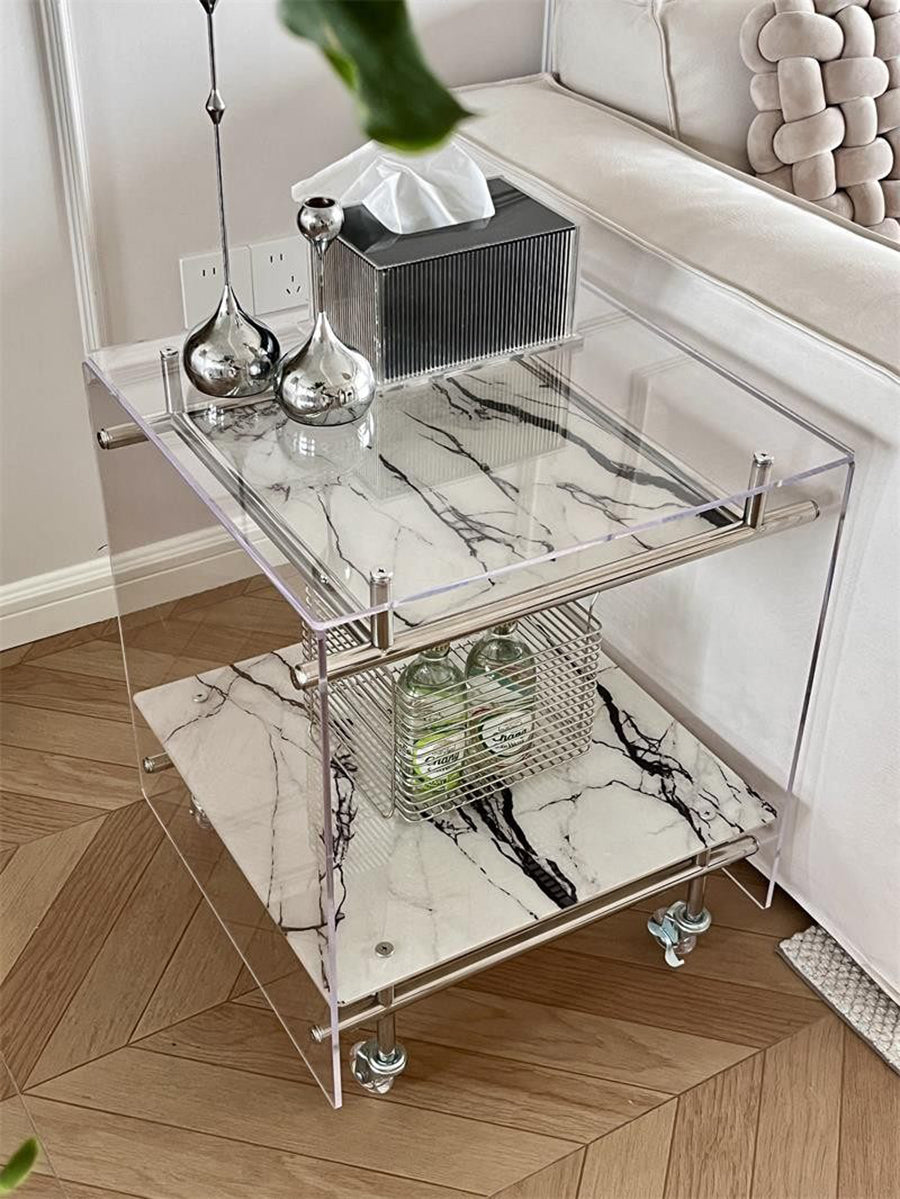 JAFFA Transparent Acrylic Rolling Bar Cart | 2-Tier Marble-Print Mobile Side Table | Modern Clear Storage Cart for Living Room/Bedroom