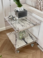 JAFFA Transparent Acrylic Rolling Bar Cart | 2-Tier Marble-Print Mobile Side Table | Modern Clear Storage Cart for Living Room/Bedroom